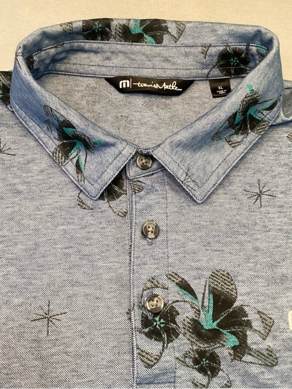 Travis Mathew Speed Runner Golf Polo Men’s XL Blue Floral Teal Lightweight EUC